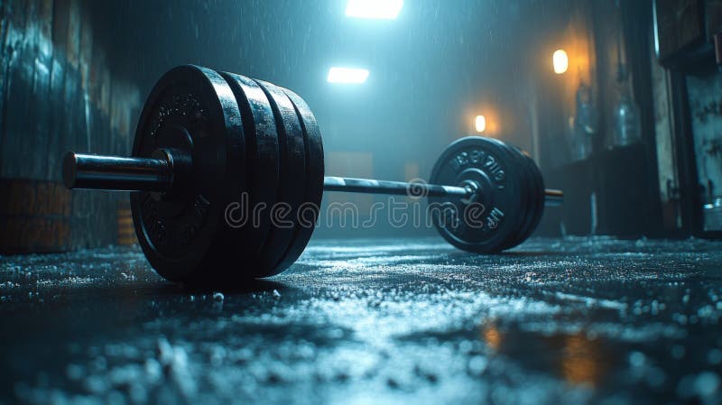 Tunga barbell som vilar på ett fuktgolv under tidiga morgonövningar i en dimlyst fitness-studio. generativ ai arkivfoton