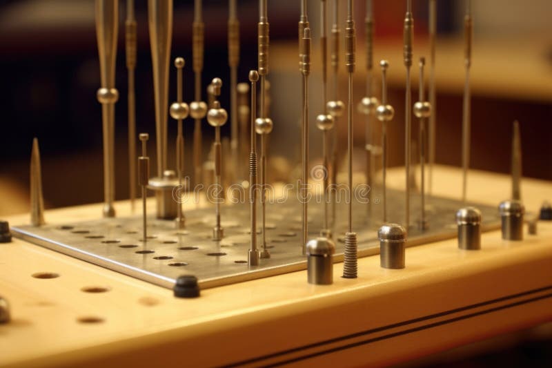 Tuning pin alignment within a piano frame, created with generative ai AI generated