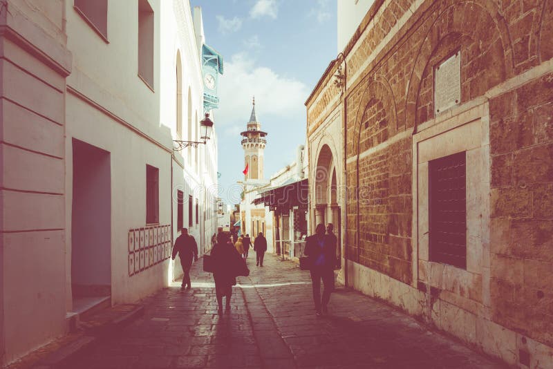 TUNIS, TUNISIA - DECEMBER 10, 2018: Minaret in Tunis medina