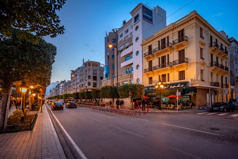 Tunis, Tunisia - Habib Bourguiba Avenue illuminated at night.