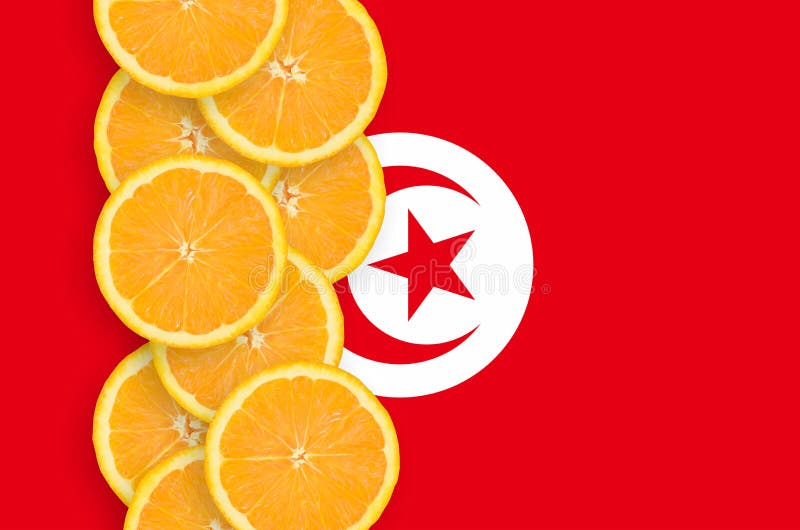 Tunisia flag and citrus fruit slices vertical row royalty free stock photos