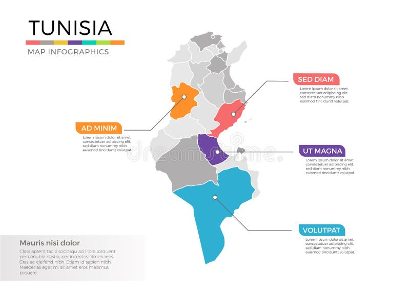 Tunisia map infographics vector template with regions and pointer marks. Tunisia map info-graphics vector template with regions, districts, state, country isolated in different color with pointer marks for education and printing purpose