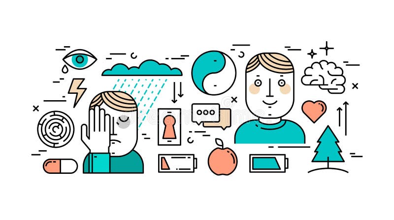 Tunn linje lägenhetdesignbegrepp av mentala hälsor, fördjupningen och a stock illustrationer