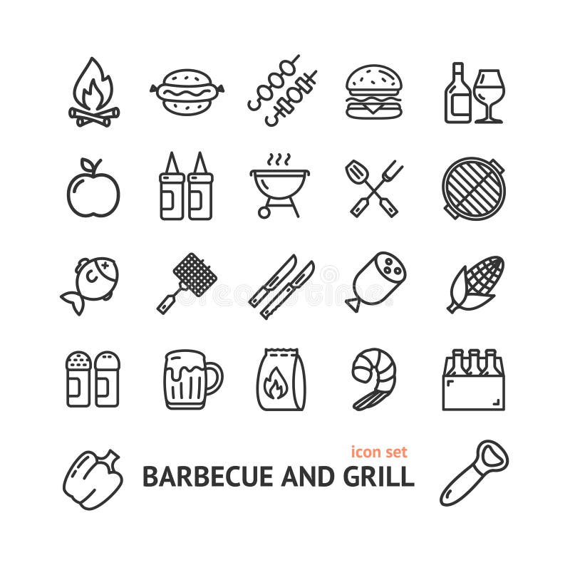 Tunn linje symbolsuppsättning för Bbq-teckensvart vektor royaltyfri illustrationer Tunn linje symbolsuppsättning för Bbq-teckensvart vektor royaltyfri illustrationer