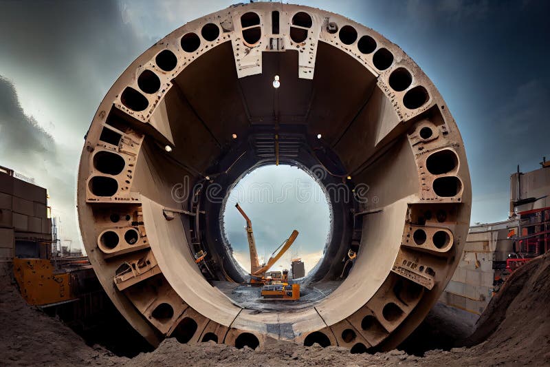 Tunnel boring machine, with view of the tunnel walls being created in the background, created with generative ai