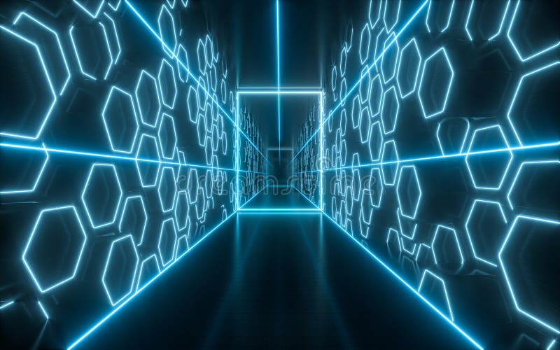 Tunnel buio con brillanti linee di neon rendering 3d illustrazione vettoriale