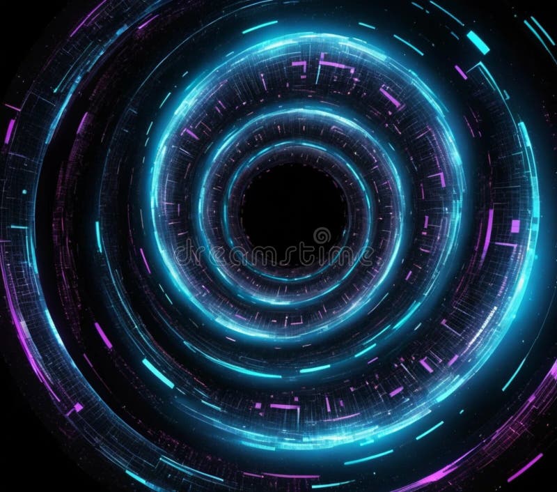 Tunnel de néon abstrait. Conception de tunnel circulaire avec des anneaux de néon vibrants dans les tons bleu et violet. Les cercles concentrés créent un sentiment de profondeur ressemblant à un tunnel ou à un vortex. L'esthétique numérique présente des segments et des lignes de différentes longueurs contribuant à un effet visuel futuriste et dynamique. Le vide central améliore la perception du mouvement et de l'infini mis sur un fond sombre qui souligne les éléments luminescents.