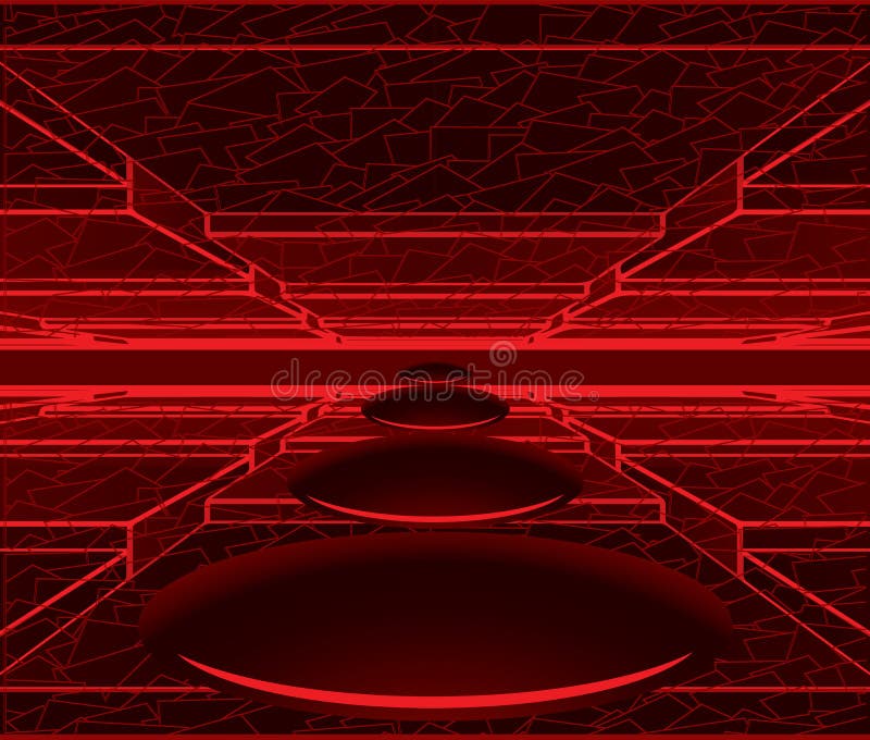 Tunnel with disks, grunge floor and ceiling and with red neon lighting stock illustration