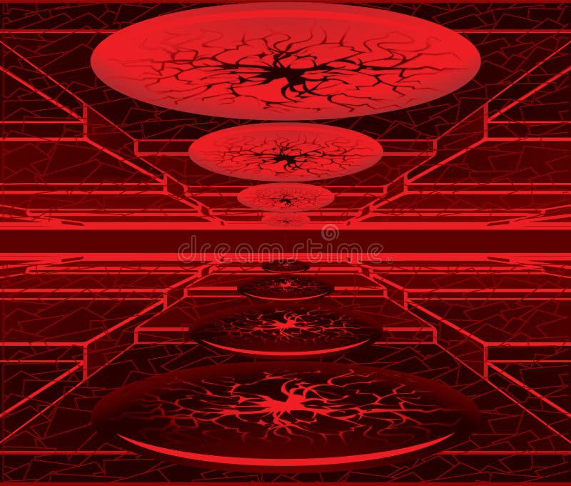 Tunnel with disks, grunge floor and ceiling and with red neon lighting royalty free illustration