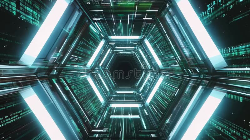 Tunnel esagonale digitale con lampade Neon futuristiche e elementi di codice binari Generative AI royalty illustrazione gratis