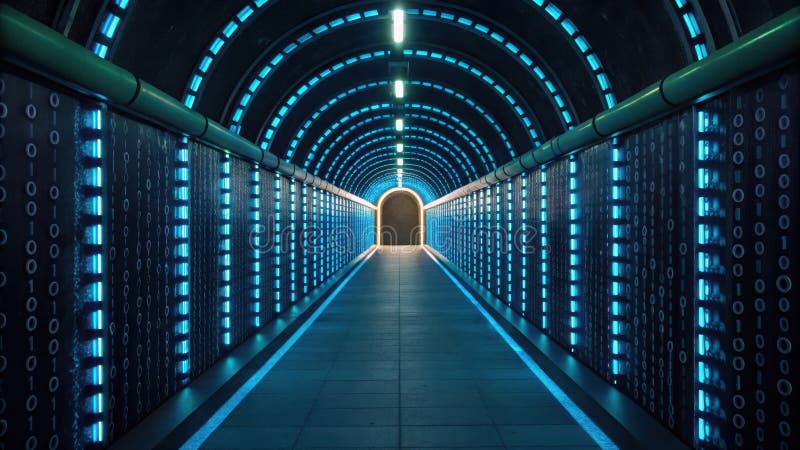 Tunnel futuriste avec néon bleu éclatant et modélisation numérique créant un environnement immersif high-tech et menant à un illustration libre de droits