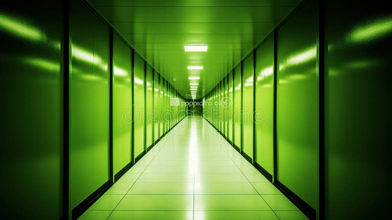 Tunnel futuristico astratto e verde con linee di neon. aie generativa.