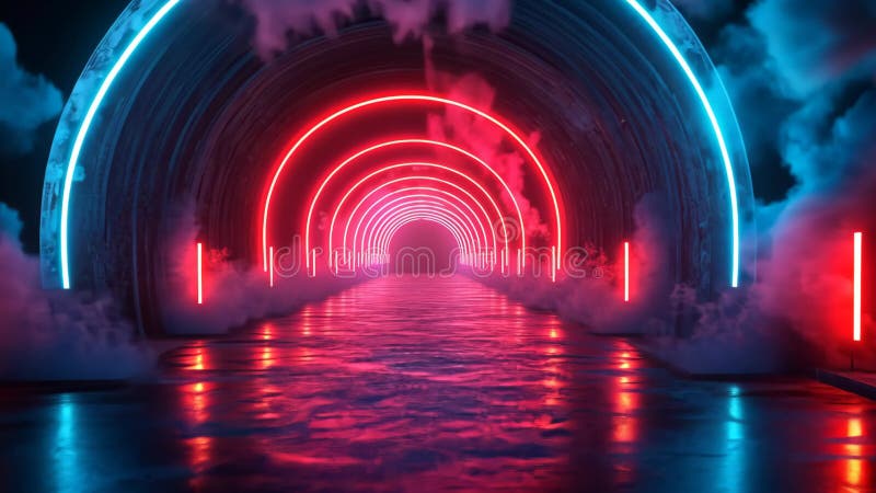 Tunnel neonistico futuristico con archi soffianti e fumo atmosferico per la progettazione SciFi Generative AI illustrazione vettoriale