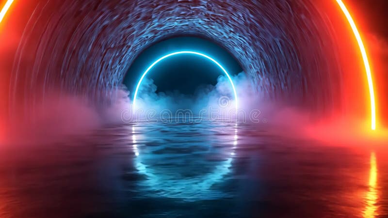 Tunnel neonistico futuristico con riflessi e atmosfera mistica per un'intelligenza artificiale digitale royalty illustrazione gratis