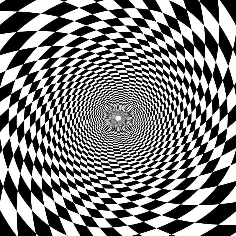 Psychedelic tunnel, chessboard pattern in black and white, trumpet, twisted spiral on white background. Psychedelic tunnel, chessboard pattern in black and white, trumpet, twisted spiral on white background