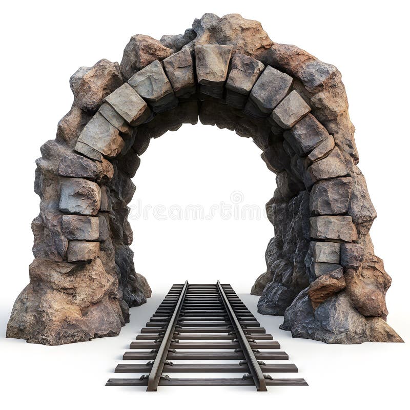 Tunneleinfahrt mit Steinbahn, abgelegen auf weißem Grund. 3D-Darstellung eines Bahntunnels aus Stein, der auf weißem Hintergrund isoliert ist. Der Bogengang ist aus grobgehauenem Stein gebaut und weist eine Eisenbahngleise auf, die in den Tunnel führen. Das Bild vermittelt ein Gefühl von Abenteuer und Geheimnis, das ideal für Projekte im Zusammenhang mit der Erkundung von Reisen oder historischen Themen ist.