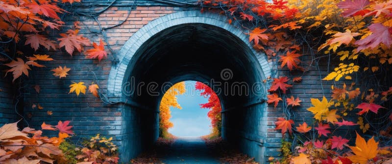 Ai generiert. Tunneleingang aus verlassenem Ziegelstein mit Herbstblättern überwuchert