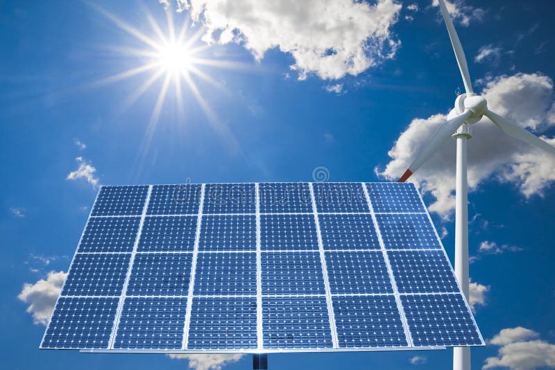 Turbina di vento e comitato solare fotografia stock Turbina di vento e comitato solare fotografia stock