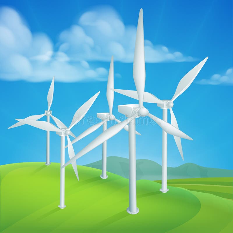 Turbinas del poder de la energía eólica que generan electricidad stock de ilustración Turbinas del poder de la energía eólica que generan electricidad stock de ilustración