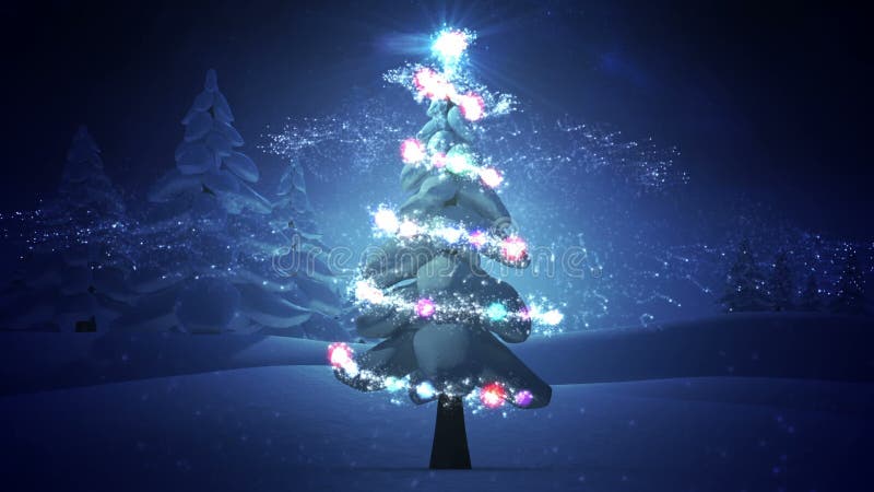 Turbine leggero magico intorno all'albero di Natale nevoso