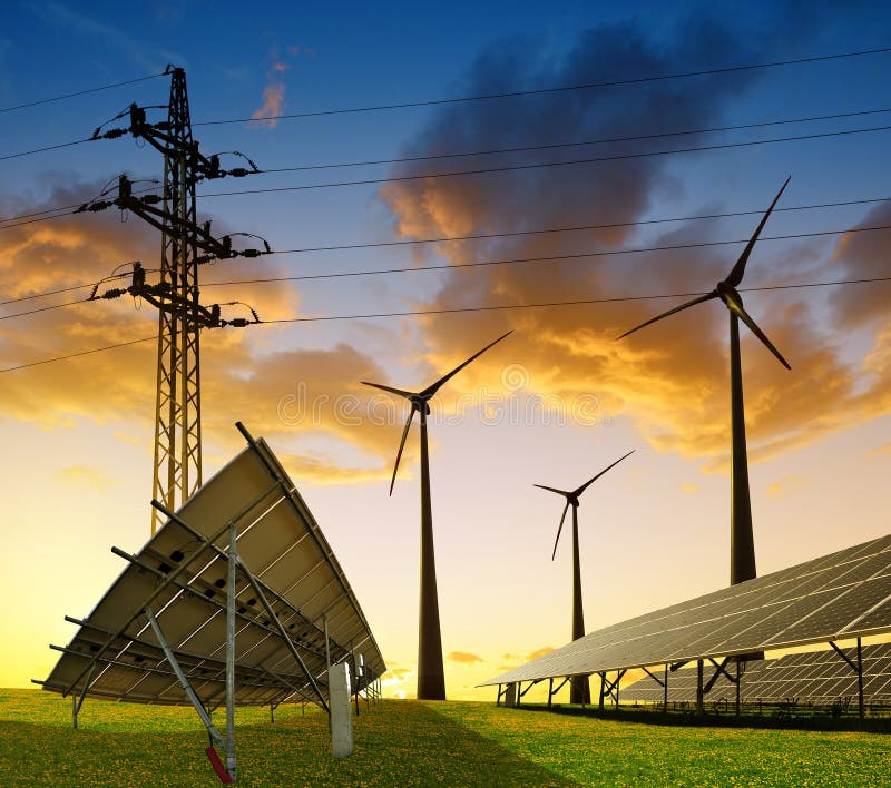 Turbines de vent avec le pylône à énergie solaire de transmission de panneau et d'électricité image libre de droits Turbines de vent avec le pylône à énergie solaire de transmission de panneau et d'électricité image libre de droits
