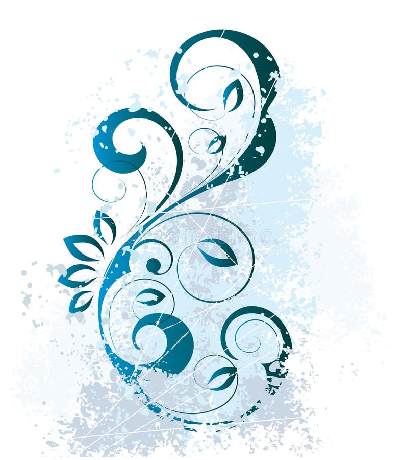 Illustrated grunge swirls, vines and leaves with blue paint splatters on a white background. Illustrated grunge swirls, vines and leaves with blue paint splatters on a white background.
