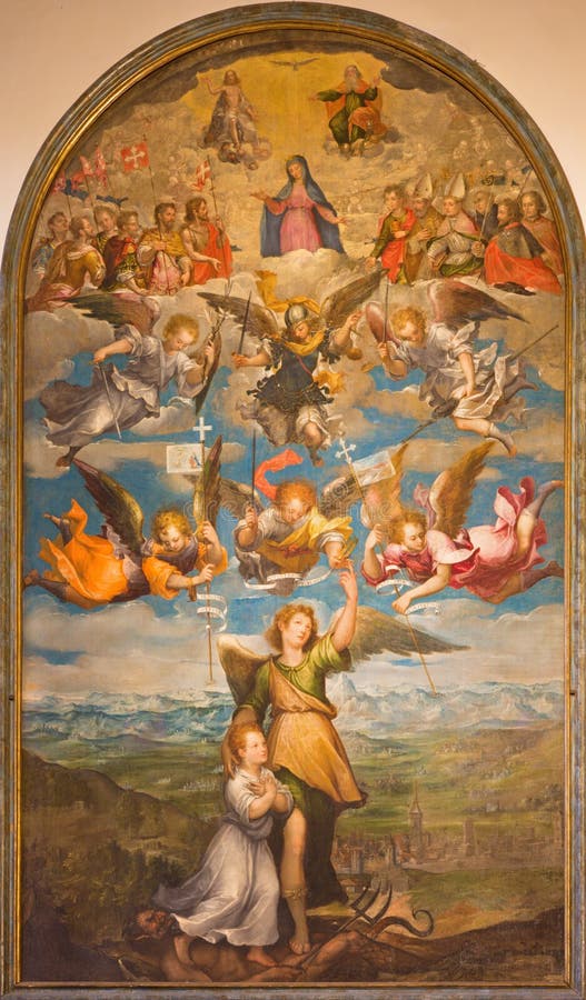 TURIJN, ITALIË - MAART 13, 2017: Het schilderen van Aartsengelraphael, engelen, Maagdelijke Mary en Heilige Drievuldigheid in Duo