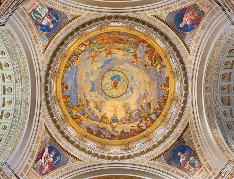 Turin - Cupola with the fresco of Battle of Lepanto in 1571 in and Mary Help of Christians in church Basilica Maria Ausiliatrice