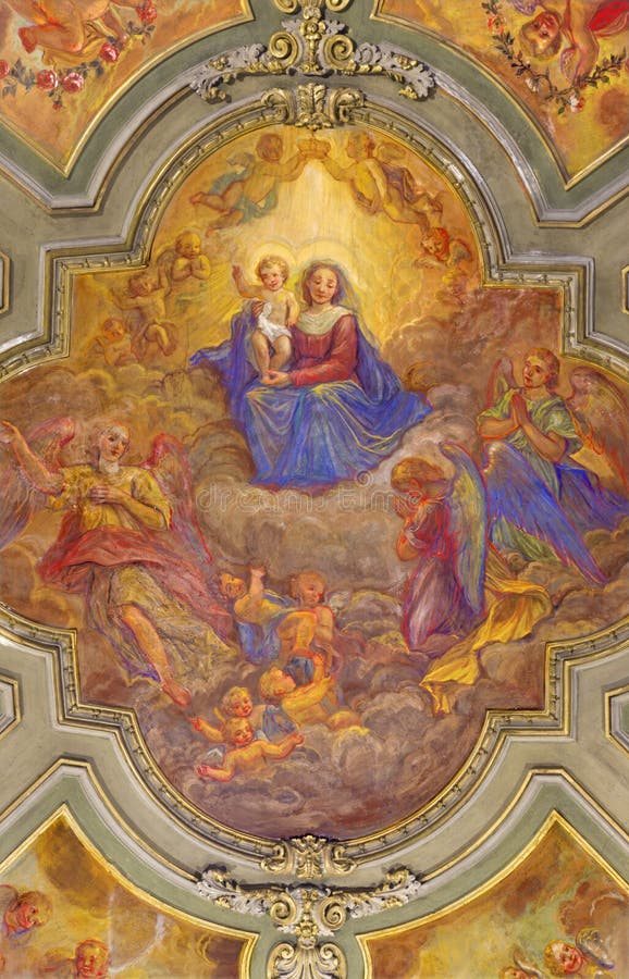 TURIN, ITALY - MARCH 14, 2017: The ceiling fresco of Madonna among the angels in church Chiesa di San Francesco royalty free stock photos TURIN, ITALY - MARCH 14, 2017: The ceiling fresco of Madonna among the angels in church Chiesa di San Francesco royalty free stock photos