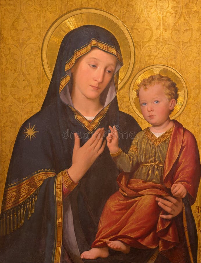 TURIN, ITALY - MARCH 13, 2017: The painting of Madonna with the Child in church Chiesa di San Giuseppe by Enrico Reffo 1909. royalty free stock photo TURIN, ITALY - MARCH 13, 2017: The painting of Madonna with the Child in church Chiesa di San Giuseppe by Enrico Reffo 1909. royalty free stock photo