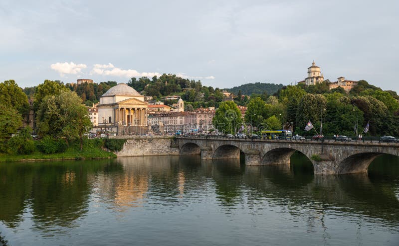 Turin, Piedmont, Italy. July 2020. Wonderful evening view of the Gran Madre church