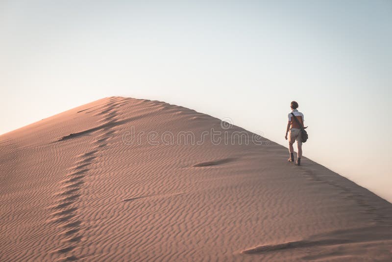 Turista que camina en la duna escénica 7 en la bahía de Walvis, desierto de Namib, parque nacional de Namib Naukluft, Namibia Luz fotos de archivo Turista que camina en la duna escénica 7 en la bahía de Walvis, desierto de Namib, parque nacional de Namib Naukluft, Namibia Luz fotos de archivo