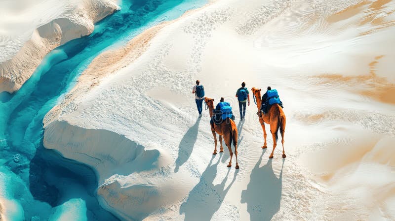 Turistas del desierto de odyssey en una caminata por el camello exploran dunas de arena blanca y un oasis de sereno azul libre illustration