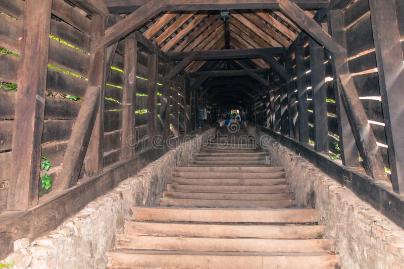 Turister går på stegegatan i slotten av den gamla staden Sighisoara stad i Rumänien royaltyfria foton Turister går på stegegatan i slotten av den gamla staden Sighisoara stad i Rumänien royaltyfria foton