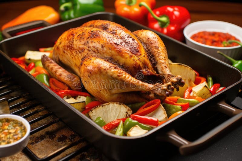 Turkey on Broiling Pan with Vegetables Around it Stock Photo Image of