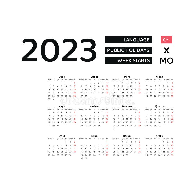 Turkey Calendar 2023. Week Starts from Monday. Vector Graphic Design