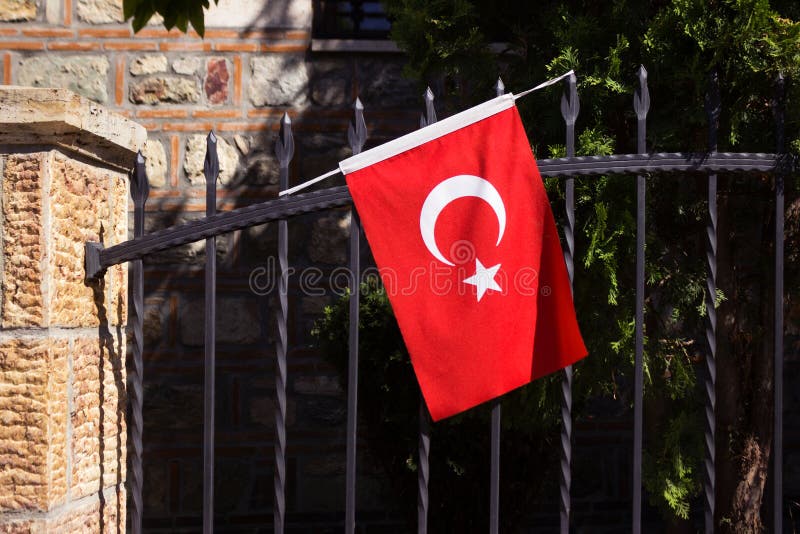 Turkey Flag on a Stick on a Metal Fence Stock Image Image of national