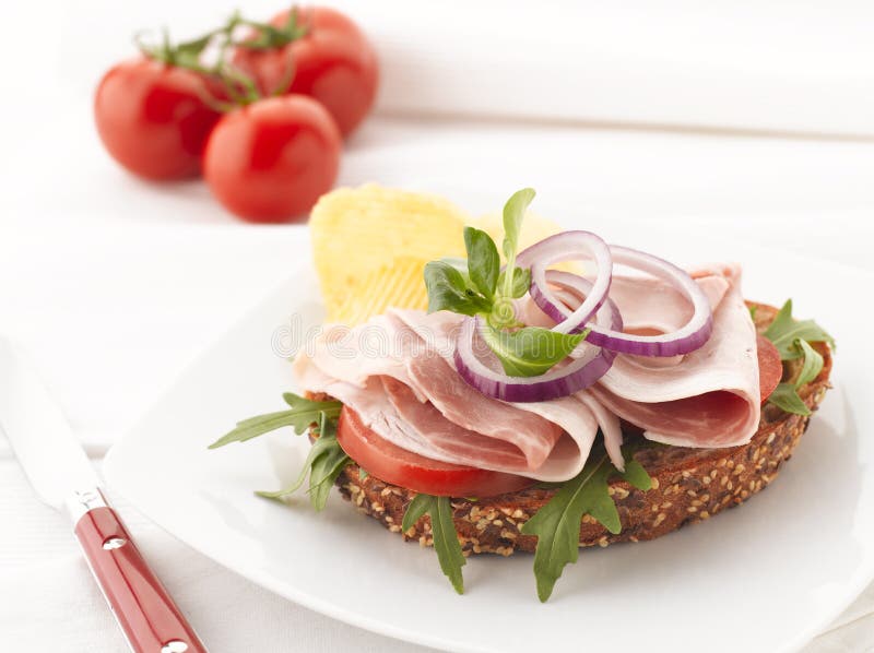 Turkey and Ham Sandwich with Potato Chips stock photos Turkey and Ham Sandwich with Potato Chips stock photos