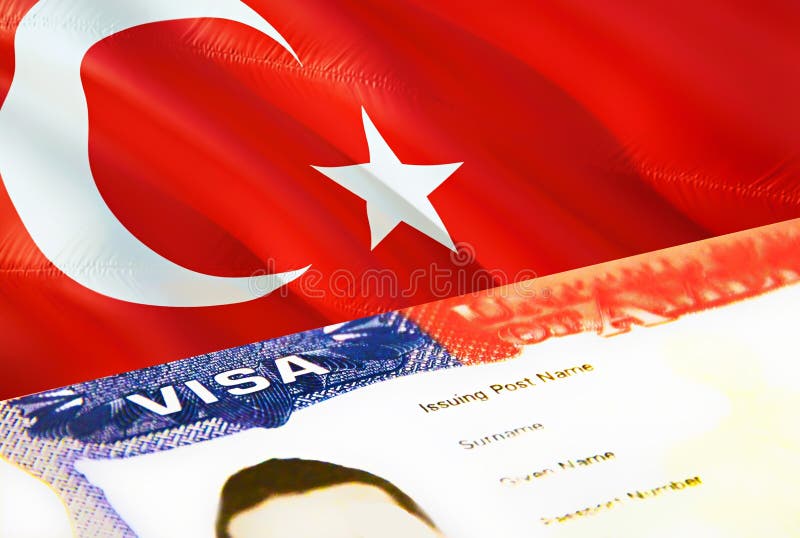 Turkey immigration document close up. Passport visa on Turkey flag. Turkey visitor visa in passport,3D rendering. Turkey multi vector illustration