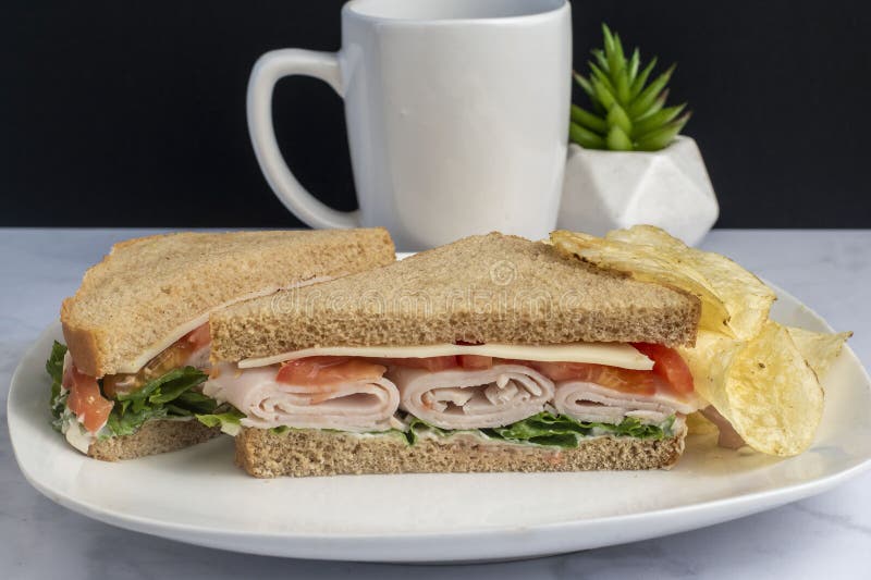 Turkey Sandwich with Potato Chips Stock Photo Image of cheese, fruit
