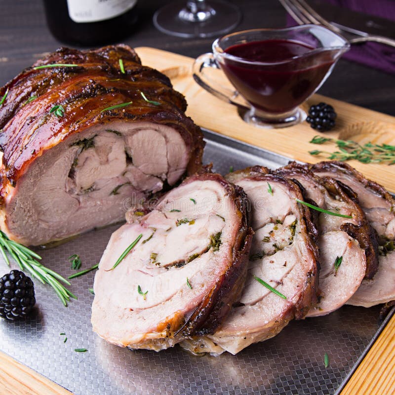 Turkey Thigh Roll Stuffed Rosemary, Thyme, Parsley, Butter and Bacon on ...