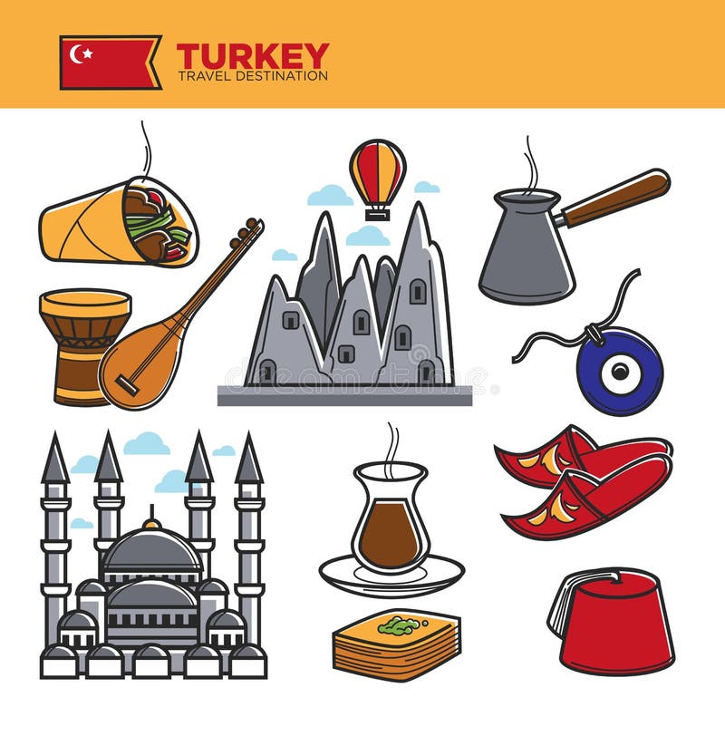 Turkey travel tourism famous symbols and Turkish culture tourist landmarks vector icons royalty free illustration Turkey travel tourism famous symbols and Turkish culture tourist landmarks vector icons royalty free illustration