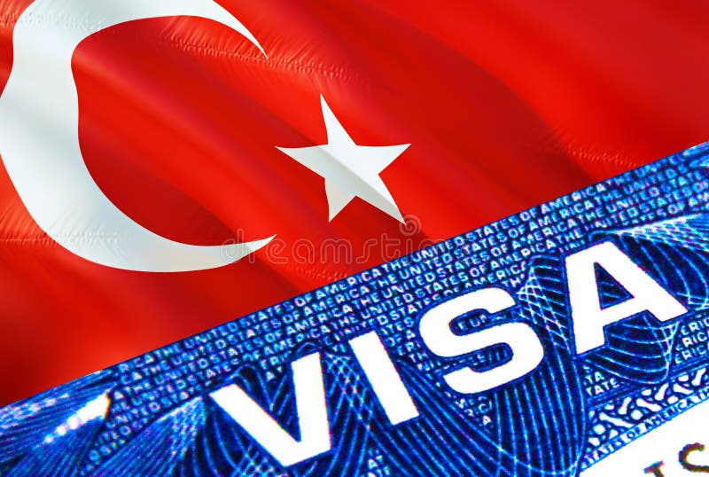 Turkey visa document close up. Passport visa on Turkey flag. Turkey visitor visa in passport,3D rendering. Turkey multi entrance royalty free illustration