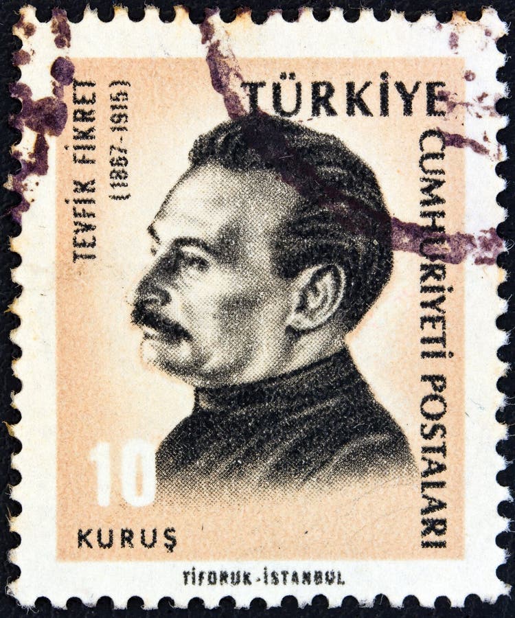 TURKEY - CIRCA 1965: A stamp printed in Turkey from the `Cultural Celebrities` issue shows poet Tevfik Fikret , circa 1965. TURKEY - CIRCA 1965: A stamp printed in Turkey from the `Cultural Celebrities` issue shows poet Tevfik Fikret , circa 1965.