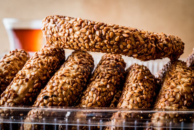 Turkish Bagel Kandil simiti with tea stack of pastry stock images