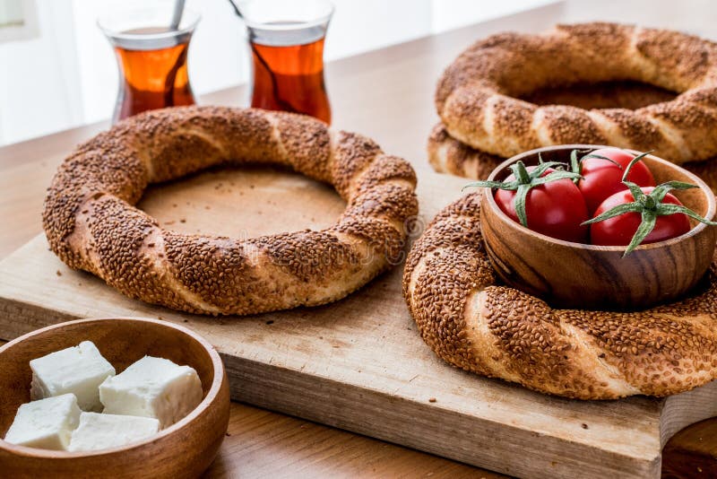 Turkish Bagel Simit with Tea, Cheese and Cherry Tomatoes. Stock Image ...