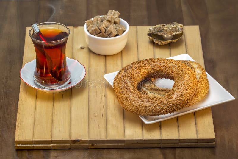 Turkish Bagel, Simit with Turkish Tea on Wood Table Stock Image Image