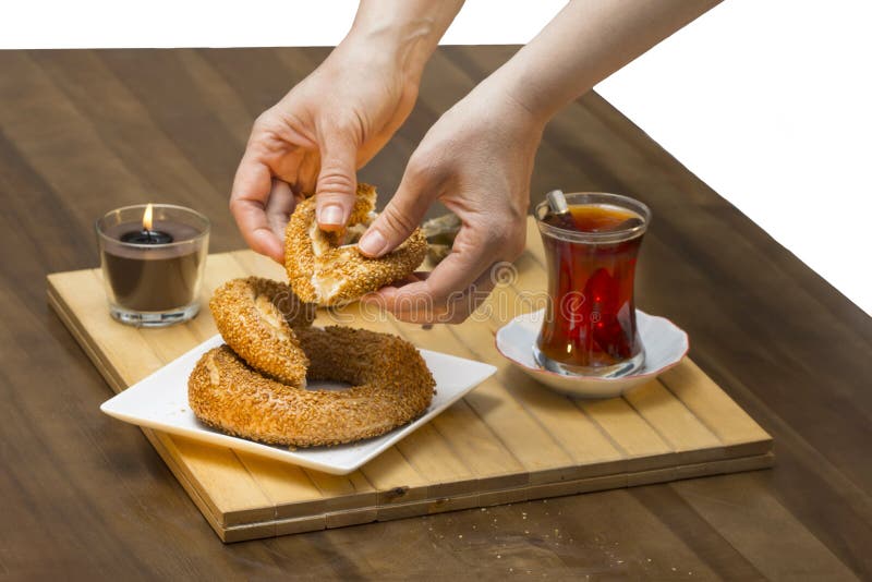 Turkish Bagel, Simit with Turkish Tea on Wood Table Stock Photo Image