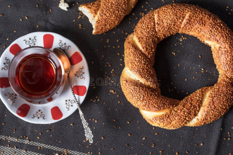 Turkish bagel with tea on cloth royalty free stock photos