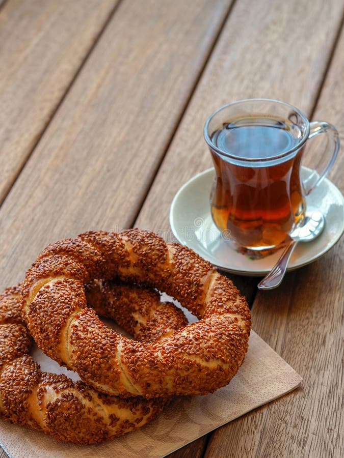 Turkish Bagel and Tea on a Wooden Table Stock Photo Image of